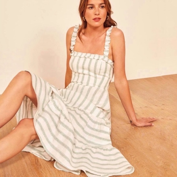 Reformation Dresses & Skirts - Reformation Sz 10 NWT Green Stripe Hyla Midi Dress 100% Linen Made in USA
